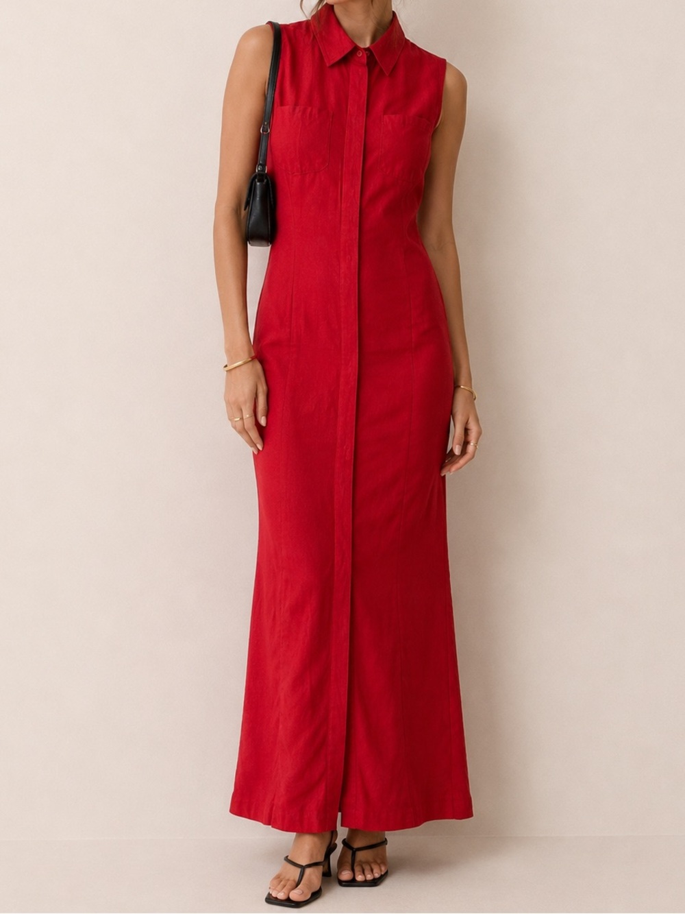 Cleo Petite Red Maxi Shirt Dress Sleeveless Button Front Career Size 4 90s